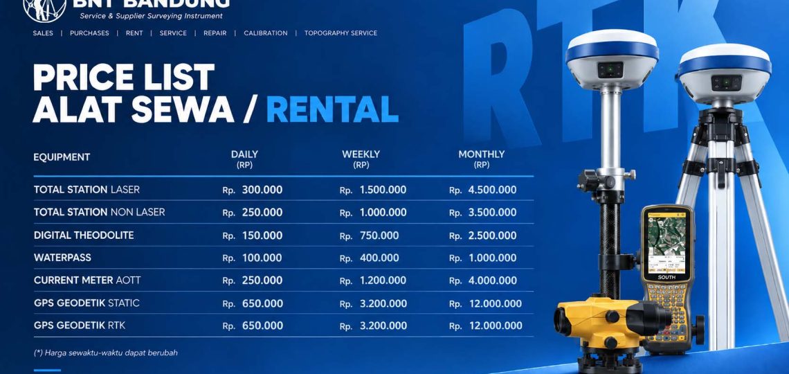 Harga sewa alat survey di CV.BNT dari perhari, perminggu, perbulan.