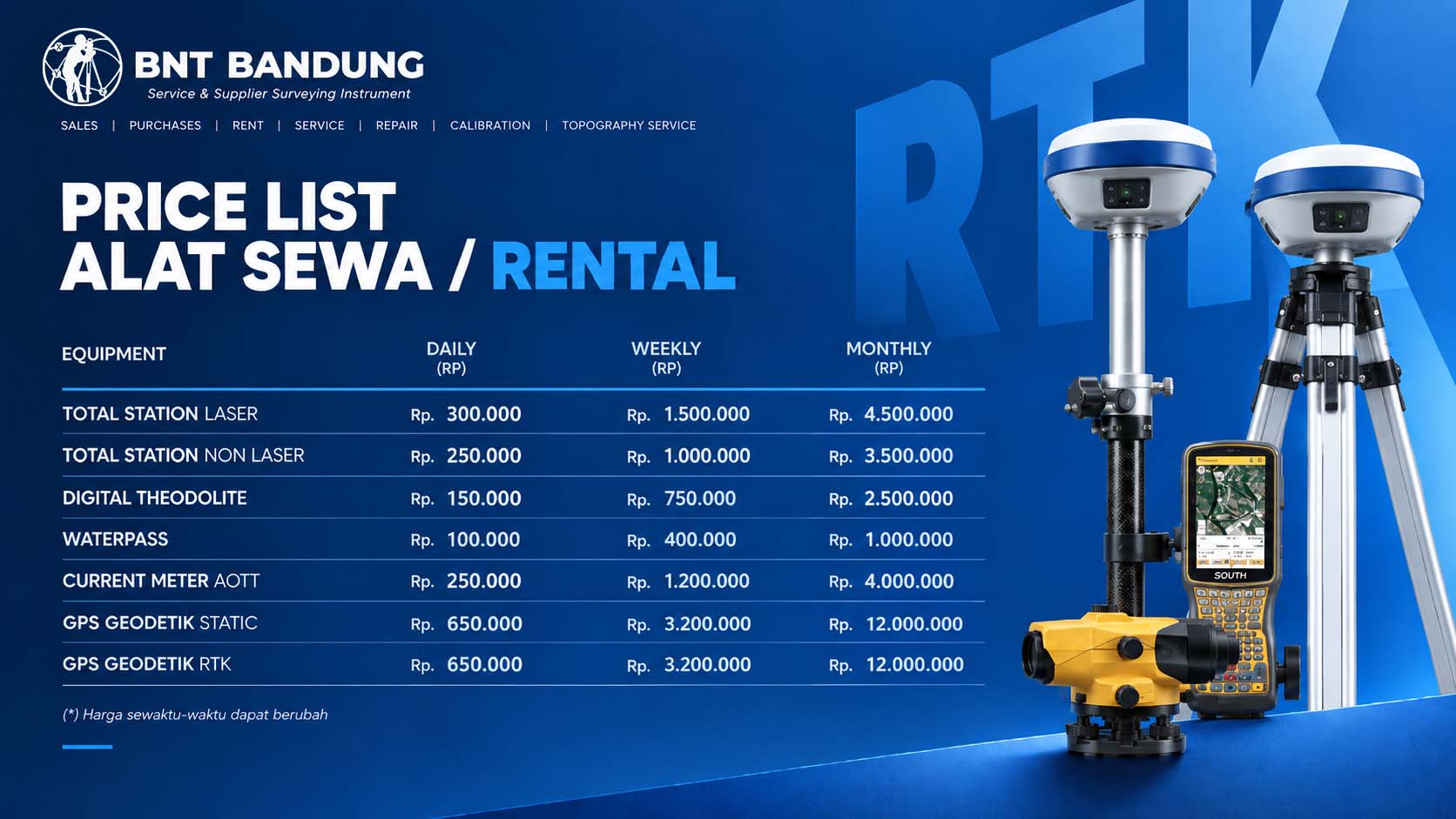 Harga sewa alat survey di CV.BNT dari perhari, perminggu, perbulan.