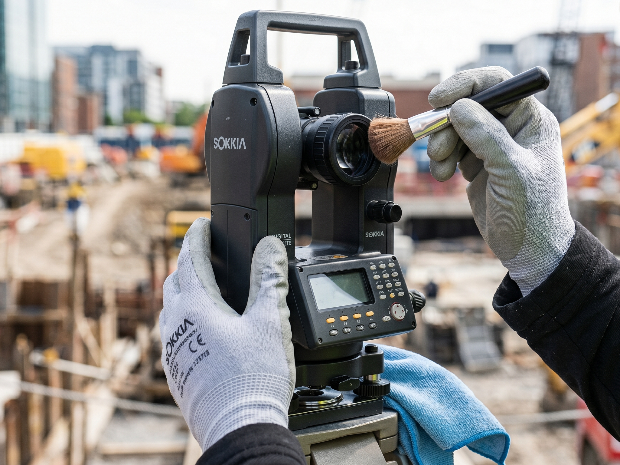 Surveyor menggunakan kuas halus untuk membersihkan debu dari sela-sela klem pengunci dan lensa Digital Theodolite Sokkia.
