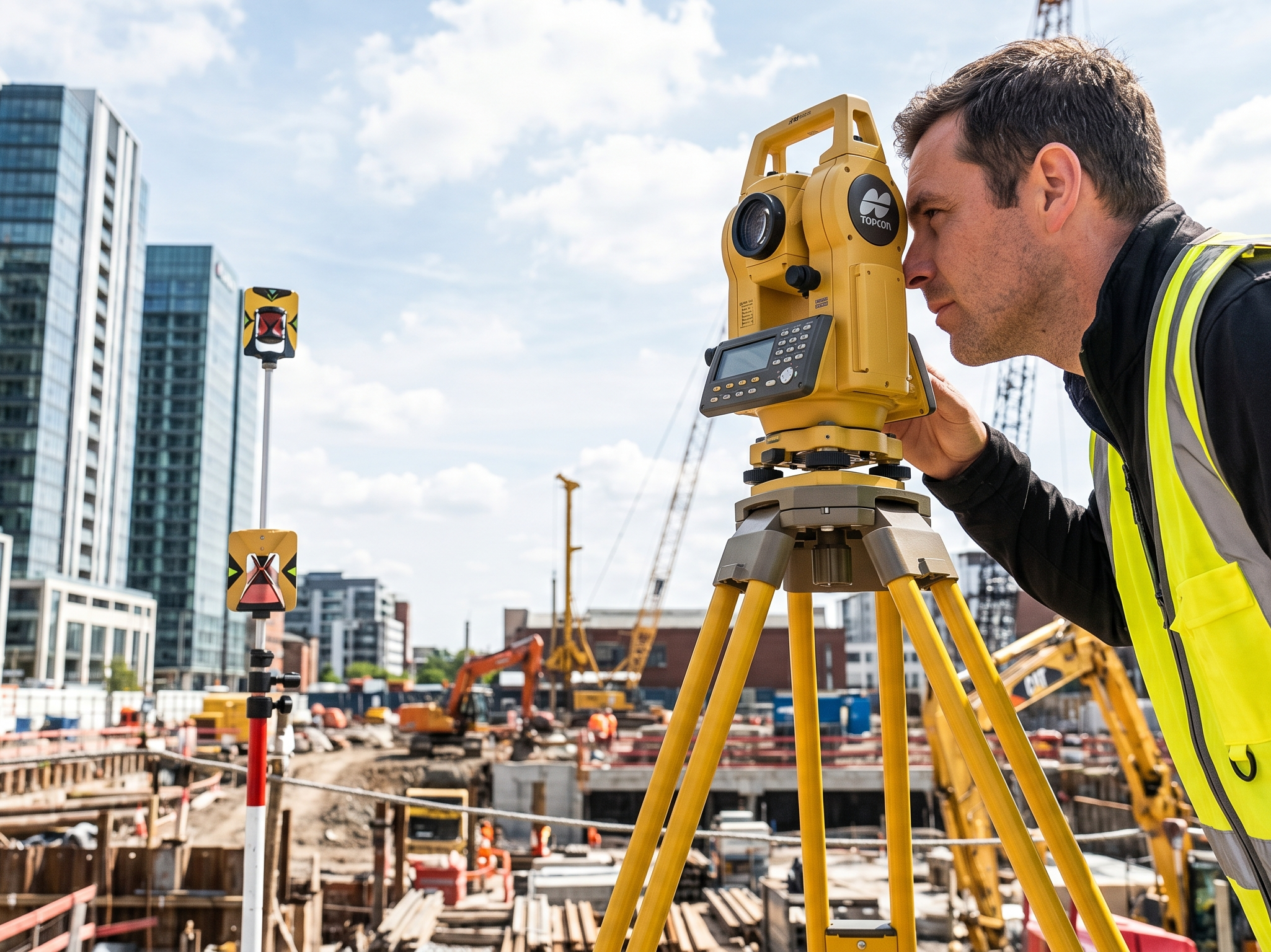 surveyor sedang menggunakan alat total station topcon